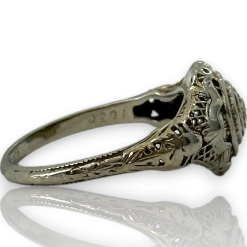 Antique Art Deco 1920-30s Solid 18kt White Gold Filigree and Transitional Cut Diamond Ring Size 7