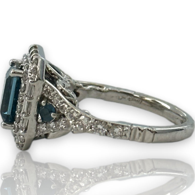 Disney Enchanted Cinderella 14kt Solid White Gold and Emerald Cut London Blue Topaz Ring with Double Diamond Halo and Diamond and Blue Topaz Accents Size 5.5