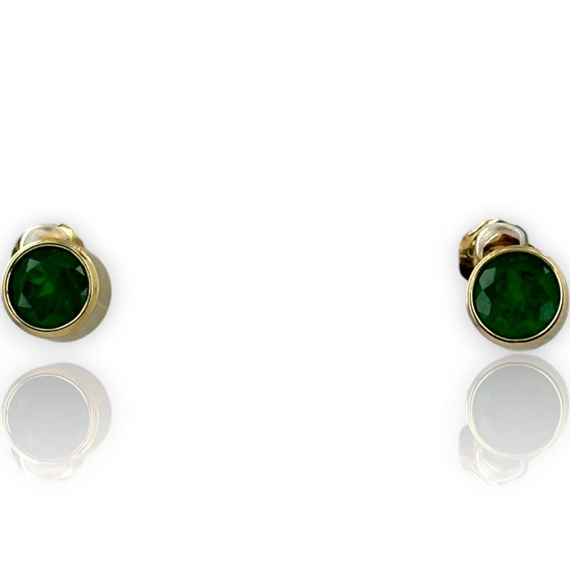 Round Emerald Gemstone Bezel Set 14k 585 Yellow Gold Stud Earrings