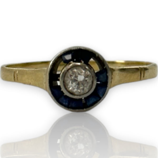 1920-30s Art Deco Solid 14kt Yellow Gold Bezel Set Transitional Cut Diamond and Blue Sapphire Partridge Eye Fashion Ring Size 5 Repair