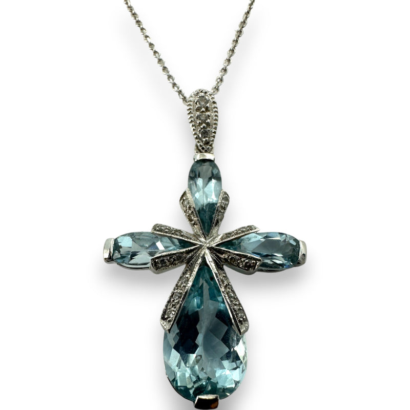 Vintage Solid 18kt White Gold Aquamarine Cross with Diamond Accents on Solid 14kt White Gold 18" Chain