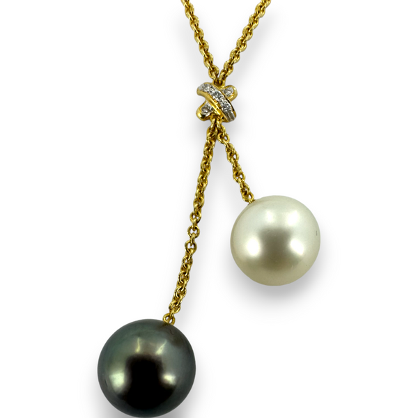 Diamond Tahitian and South Sea Pearl Lariat Necklace 18KT 750 Yellow Gold