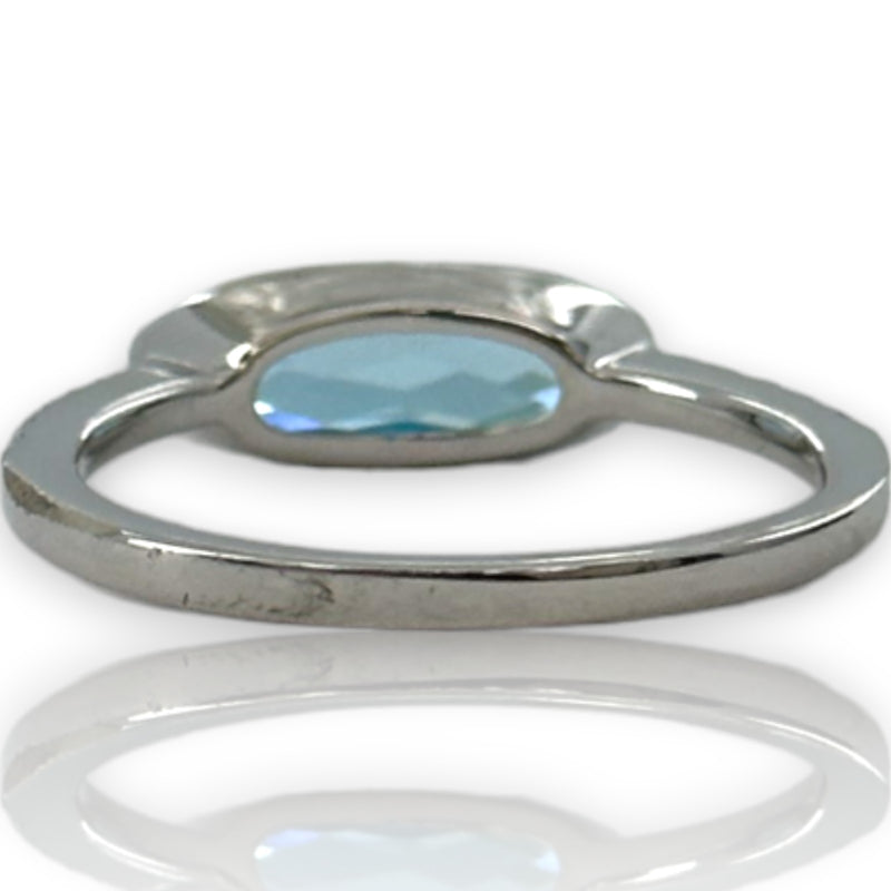 Skewes Jewelry Solid 14kt White Gold Horizontal Set Swiss Blue Topaz Stackable Fashion Ring with Diamond Accent Band Size 7