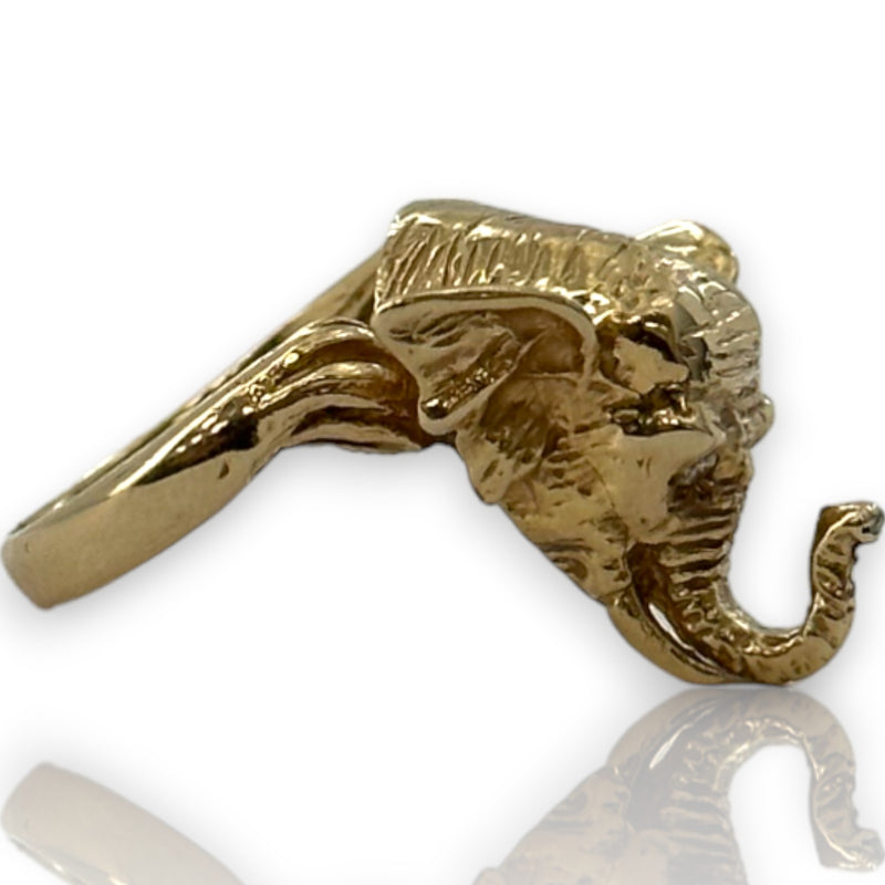 Elephant Head to Tail Ring with Diamond Eyes and Small Diamond Inside Trunk Solid 14kt Yellow Gold Detailed