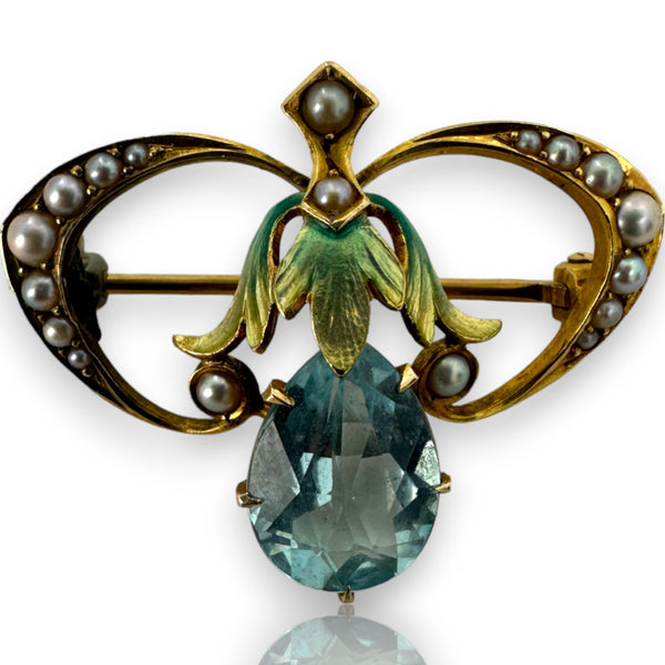 Antique Art Nouveau Aquamarine & Seed Pearl 14kt Gold Enamel Krementz & Co Pendant/Brooch