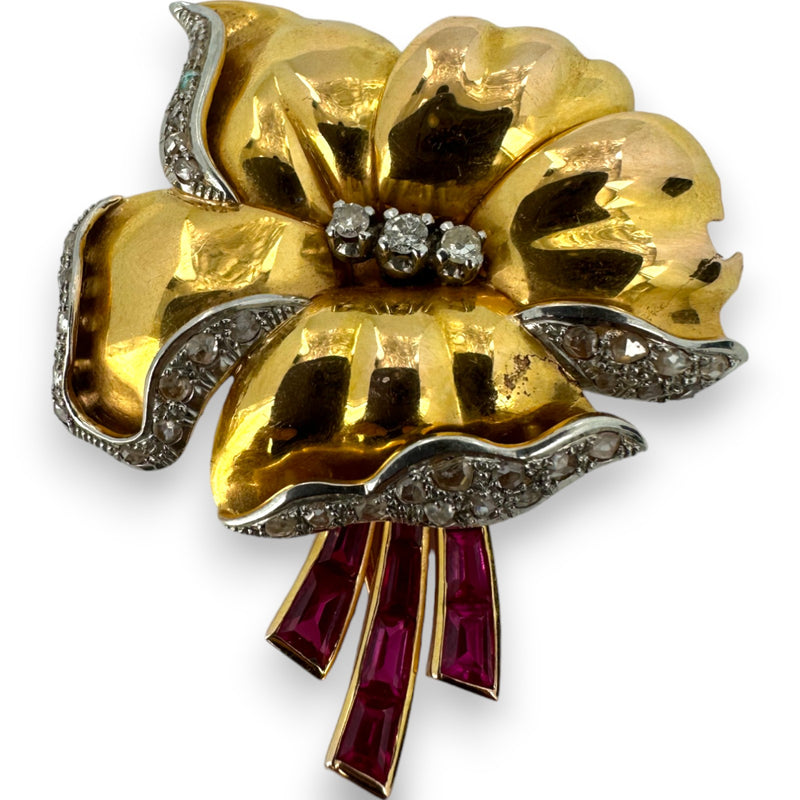 Vintage Retro Era 1930s-1940s Fur Clip Brooch Solid 18k Heavy Yellow Gold with Old Mine and Rose Cut Diamonds and Synthetic Accent Rubies