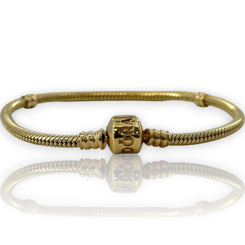 Pandora Moments Collection Solid 14kt Yellow Gold Snake Chain Bracelet with Stoppers for Charms and Cylinder Clasp Length 7.5" (a)