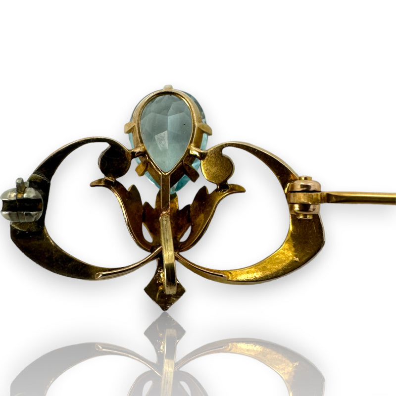 Antique Art Nouveau Aquamarine & Seed Pearl 14kt Gold Enamel Krementz & Co Pendant/Brooch