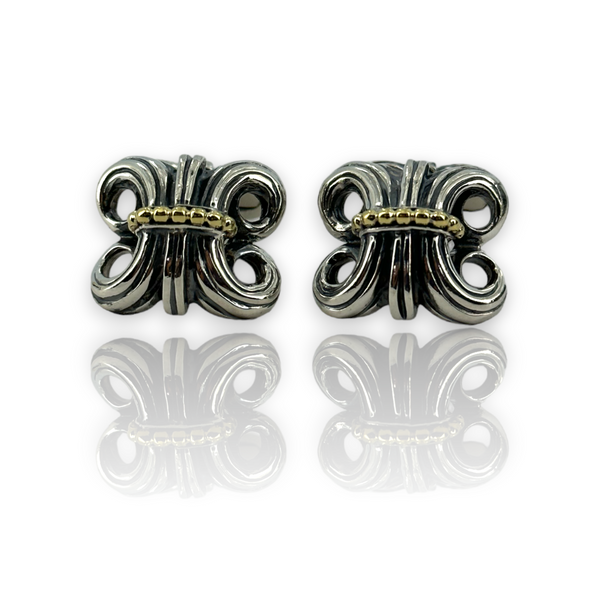 Caviar Fleur de Lis 925 Sterling Silver 18k 750 Yellow Gold Cufflinks