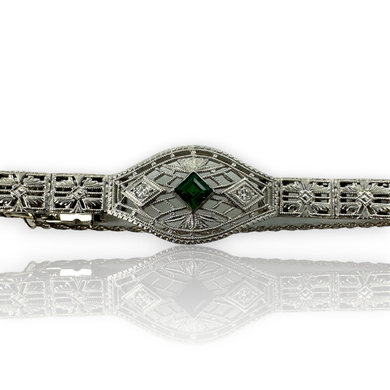 Antique 1920-30s Art Deco Solid 14kt White Gold Rhodium Plated Filigree Bracelet With Simulated Glass Emerald and Diamonds 7.5" Length