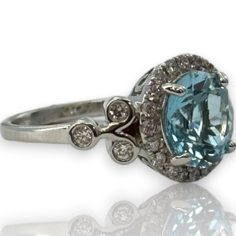 Blue Topaz Solitaire Ring with Diamond Halo and Accents Size 7 Solid 14kt White Gold