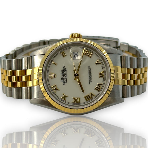 Rolex Datejust 36mm Steel & Gold 16233 1996 White Roman Watch B&P