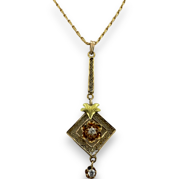 Antique Yellow Gold and Diamond Filigree Pendant Necklace 14KT 585