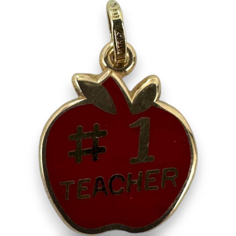 Red Enamel #1 Teacher Rembrandt Apple 14KT 585 Yellow Gold Charm Pendant