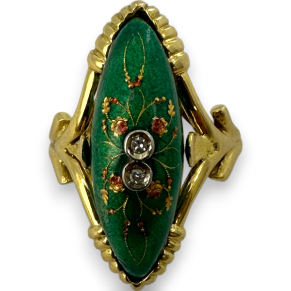 Vintage 1960-70s Solid 14kt Yellow Gold and Green Enamel Navette Ring with Floral Filigree Detail and Two Small Diamonds Size 6.25