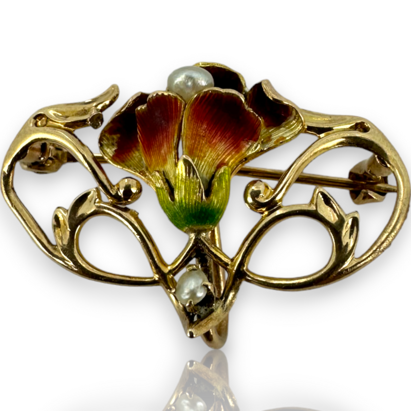 Art Nouveau Seed Pearl Enamel Flower 10k 417 Tellow Gold Pendant Brooch