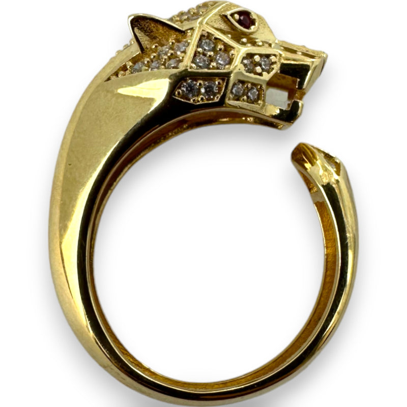 Cubic Zirconia Panther Animal Motic Head Statement Ring Ruby Eyes Size 5.5 14kt 585 Yellow Gold