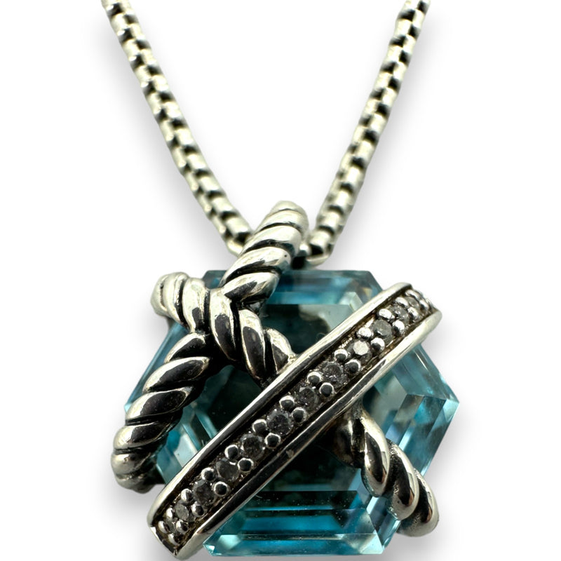 David Yurman Signed 925 Sterling Silver Cable Wrap Necklace with Blue Topaz and Diamonds Box Chain 18"