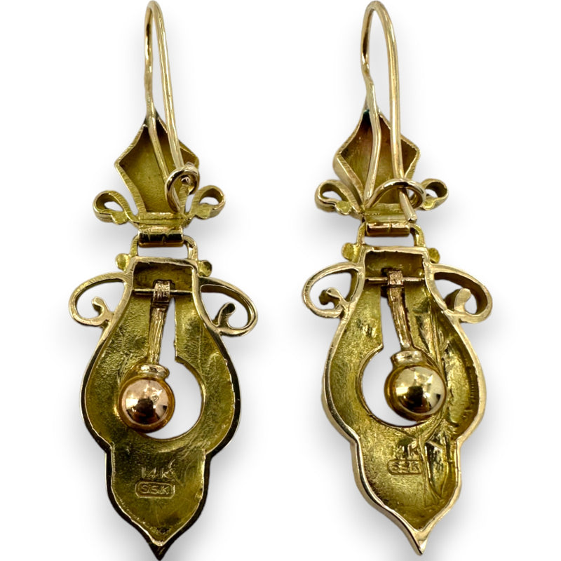 Antique Victorian Era 1860s-1880s Taille D'Epargne Black Enamel Handmade Hand Engraved Hook Dangle Earrings 14k Solid Yellow Gold