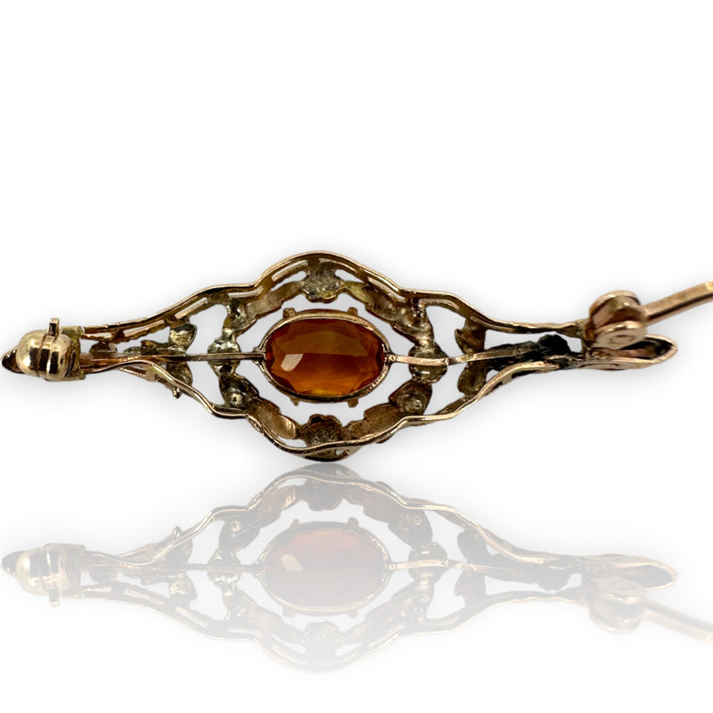 Victorian 2-Tone Solid 14k Rose Gold Green Gold Solid Vivid Orange Yellow Citrine Brooch Pin