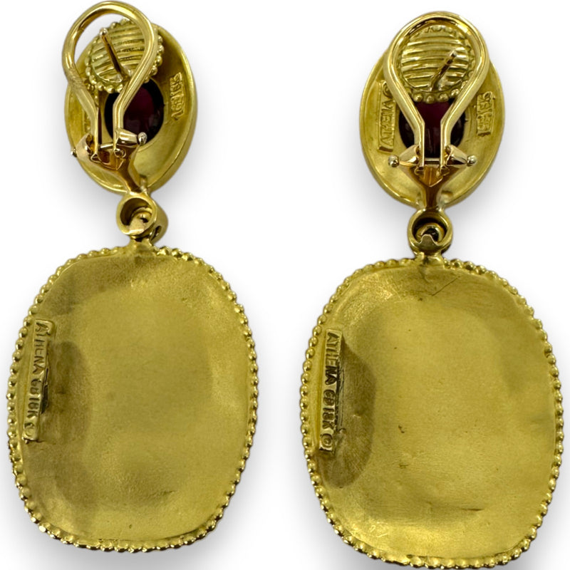 SeidenGang ATHENA 18k 1980-90s Solid Yellow Gold Pink Tourmaline and Diamond Roman Revival Pierced Omega Back Drop Dangle Earrings