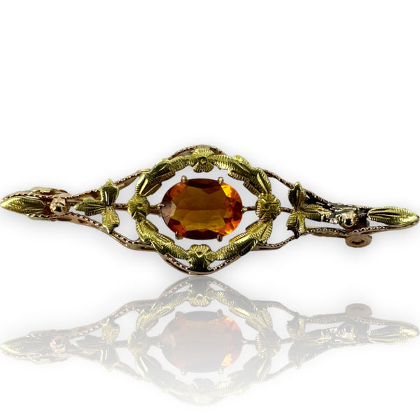 Victorian 2-Tone Solid 14k Rose Gold Green Gold Solid Vivid Orange Yellow Citrine Brooch Pin