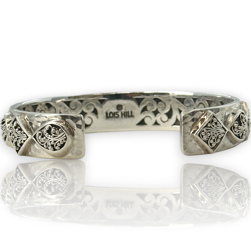 Lois Hill Hammered 925 Sterling Silver Cuff with Filigree and Granulation Details