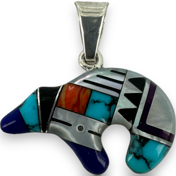 Robert Taylor Multi Stone Inlay Bear Pendant 925 Sterling Silver Navajo Charm Pendant