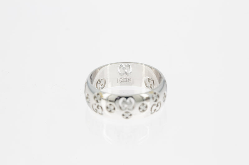 Gucci Logo 18k 750 White Gold Band Domed Ring Size 4.75