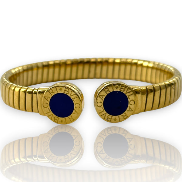 BVLGARI Bulgari 18kt Yellow Gold Tubogas Bracelet Flexible Cuff with Inlaid Lapis Lazuli Made in Italy