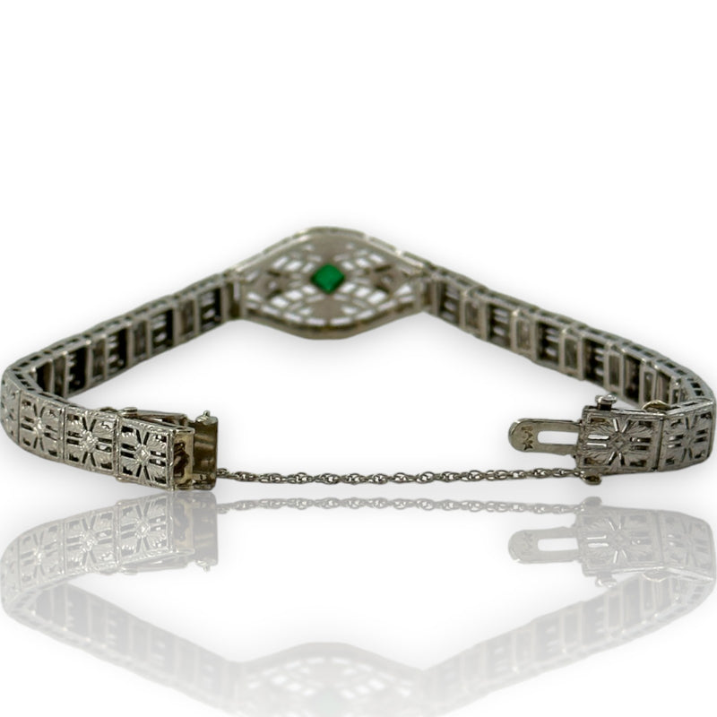 Antique 1920-30s Art Deco Solid 14kt White Gold Rhodium Plated Filigree Bracelet With Simulated Glass Emerald and Diamonds 7.5" Length