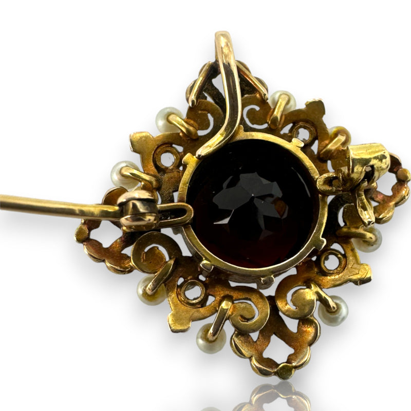 Antique Victorian Late 1800s Early 1900s 14k Solid Yellow Gold Pocket Watch Pin Brooch with Madeira Citrine, Old Mine Diamonds, and Seed Pearls