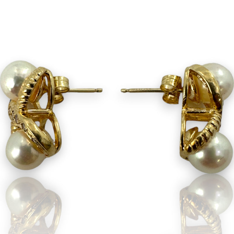 Pearl and Diamond Twist Cable Drop 14kt Solid Yellow Gold Pierced Earrings