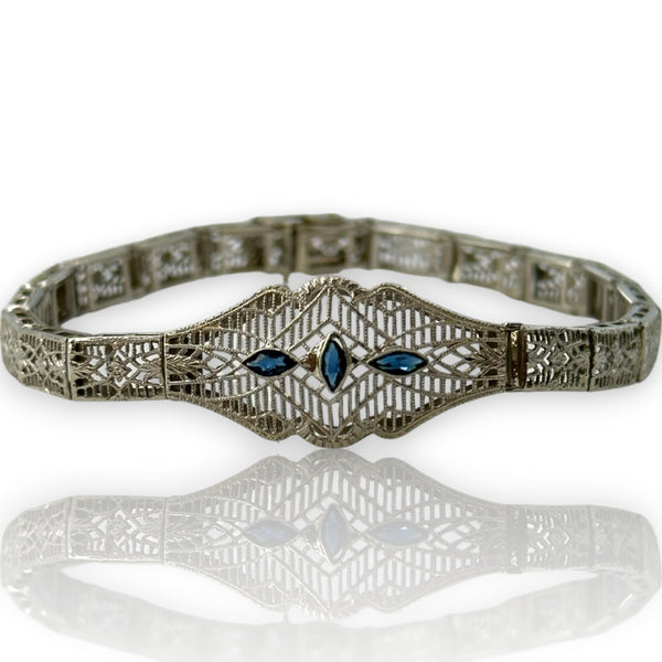 Antique c1920s Die-Struck Solid 14kt White Gold Filigree Openwork Bracelet with Lab Grown Sapphires Length 6.5"