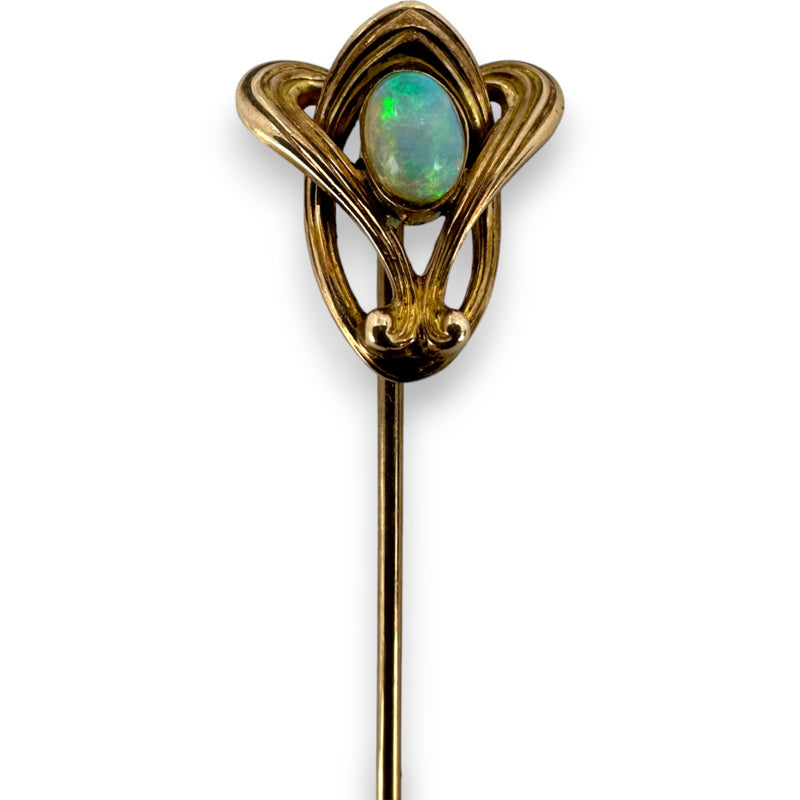 Antique Art Nouveau Victorian Stick Lapel Pin Solid 10k Rose Gold with Fire Opal