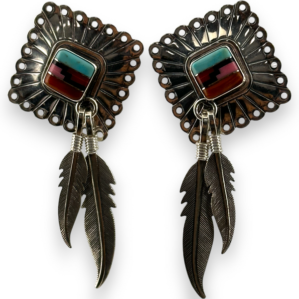 Q.T. Quoc Navajo Mosaic Sterling Silver Dangle Feather 925 Sterling Silver Stud Earrings