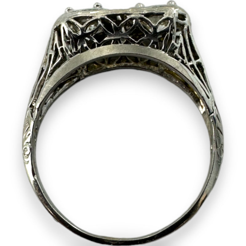 Antique Art Deco Solid 14kt White Gold Rhodium Plated Filigree Ring with 0.66ctw Replaced Modern Brilliant Diamonds Size 5.25