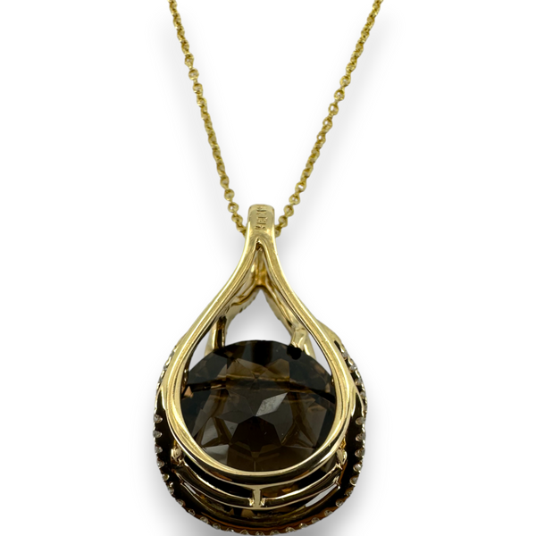 Effy Smokey Quartz and Diamond Drop Pendant Necklace Yellow Gold 14KT 585