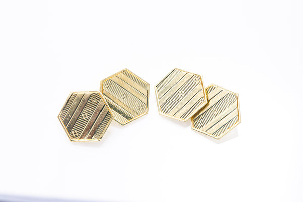 Antique Floral Pattern Striped 14k 585 Yellow Gold Cufflinks