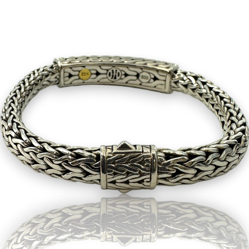 John Hardy Palu Solid 925 Sterling Silver and Hammered 22k Yellow Gold 7.5mm ID Bracelet Length 7.5"