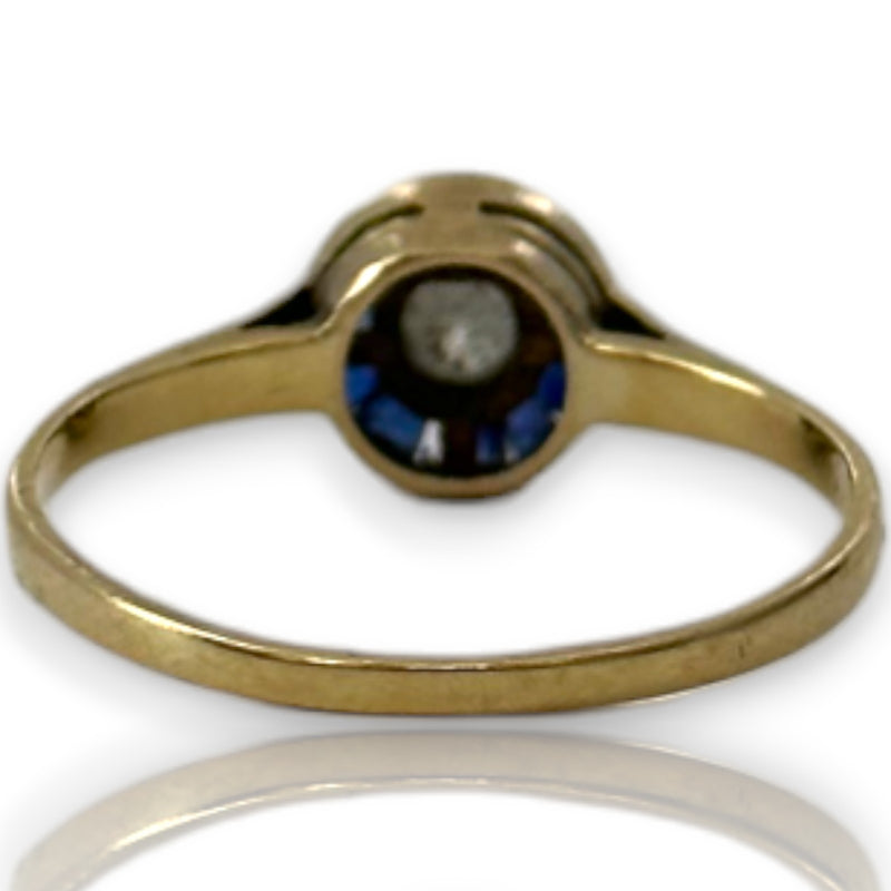 1920-30s Art Deco Solid 14kt Yellow Gold Bezel Set Transitional Cut Diamond and Blue Sapphire Partridge Eye Fashion Ring Size 5 Repair