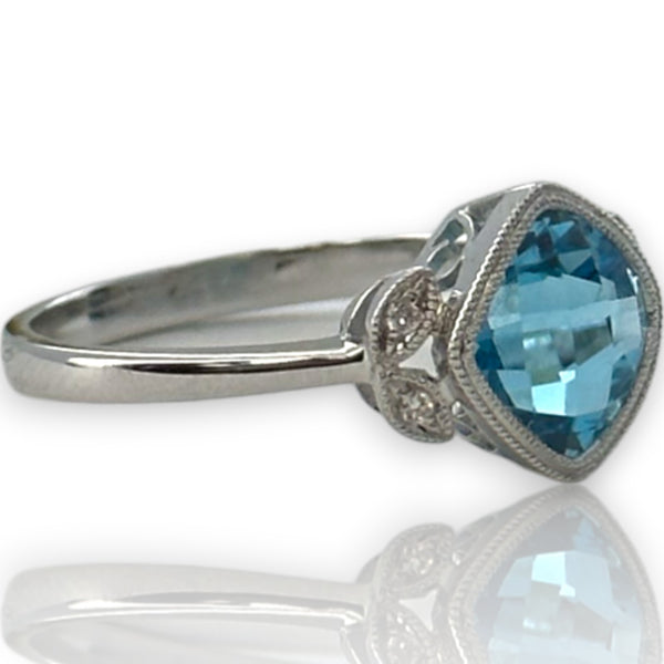 Legacy Custom Jewelers Solid 14kt White Gold and Checkerboard Cut Bezel Set Blue Topaz Ring with Diamond Leaf Milgrain Details Size 7