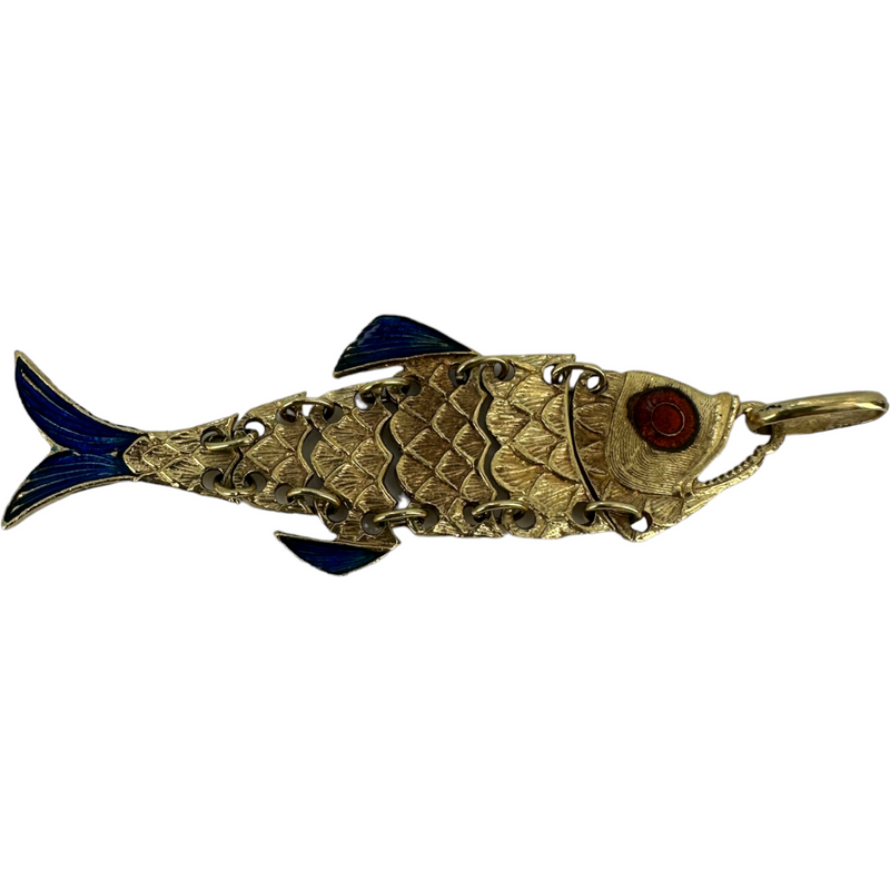 Vintage Articulating Enameled Fish 14k 585 Yellow Gold Charm Pendant