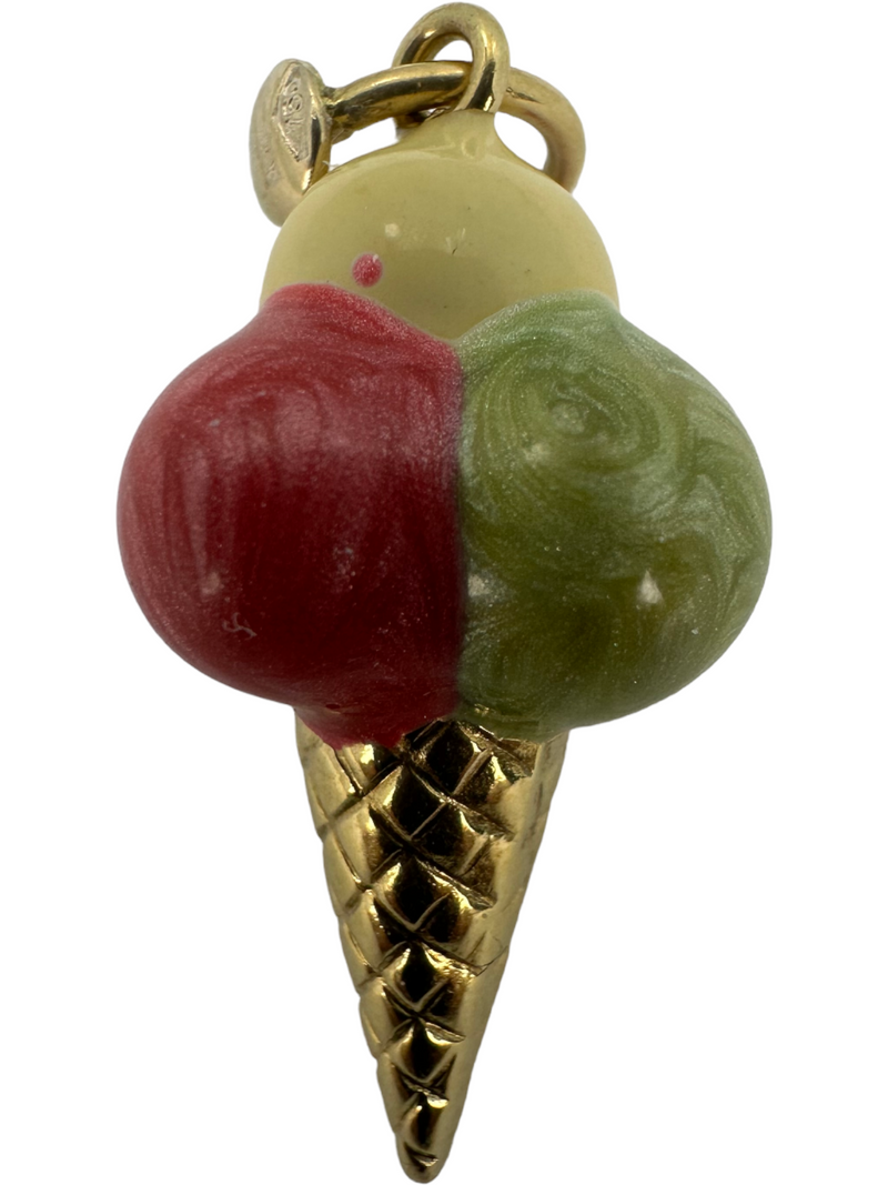 Enameled Ice Cream Cone Dessert 18k 750 Yellow Gold Charm Pendant