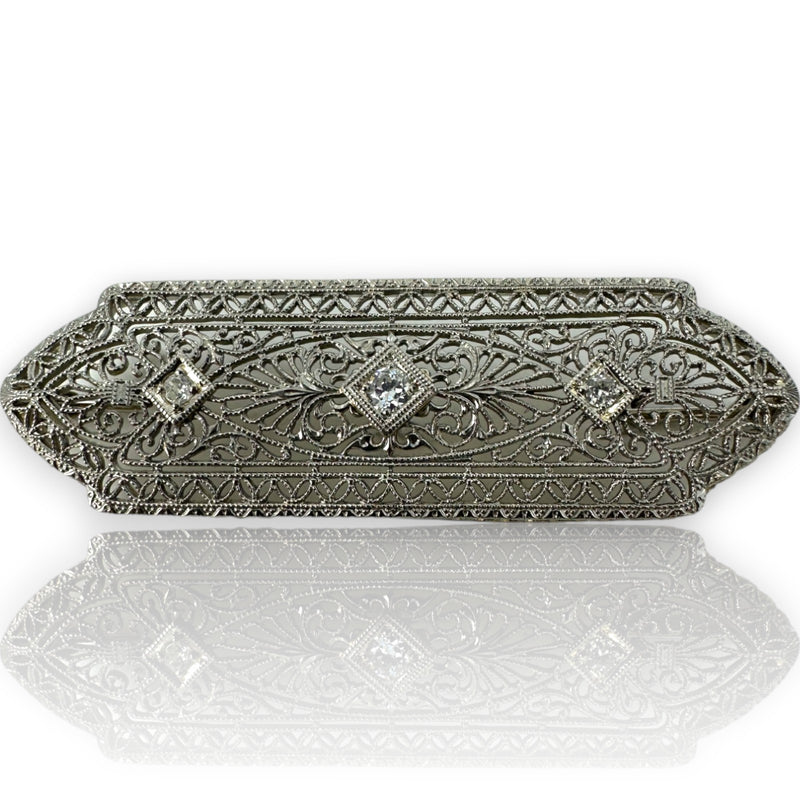 Antique Art Deco 1920s 14kt White Gold Three Diamond Brooch