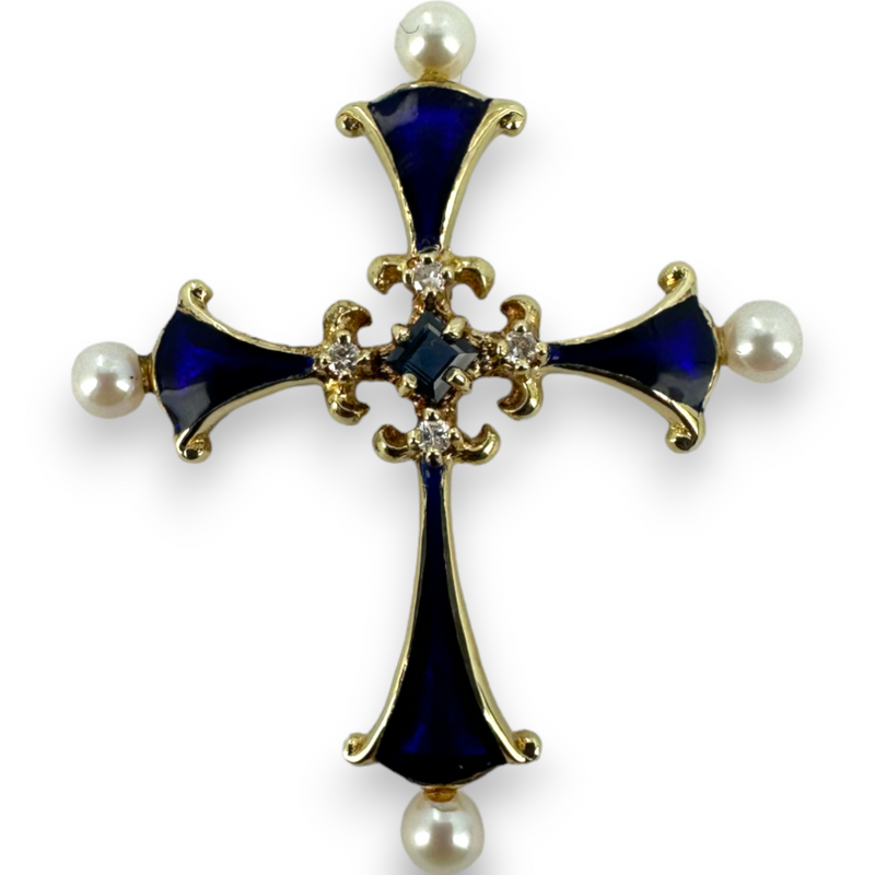 Vintage Franklin Mint Blue Enamel Diamond Sapphire Pearl Cross 14KT 585 Yellow Gold Charm Pendant