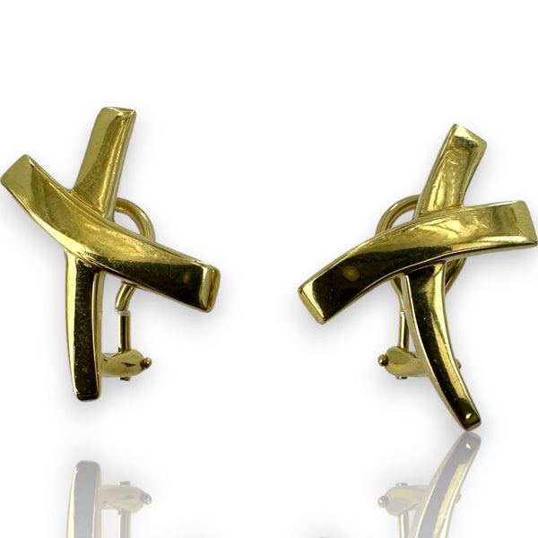 Vintage Iconic Tiffany and Co Signed Paloma Picasso Solid 18k Yellow Gold X Kisses Omega Back Earrings