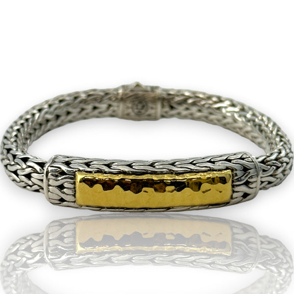 John Hardy Palu Solid 925 Sterling Silver and Hammered 22k Yellow Gold 7.5mm ID Bracelet Length 7.5"