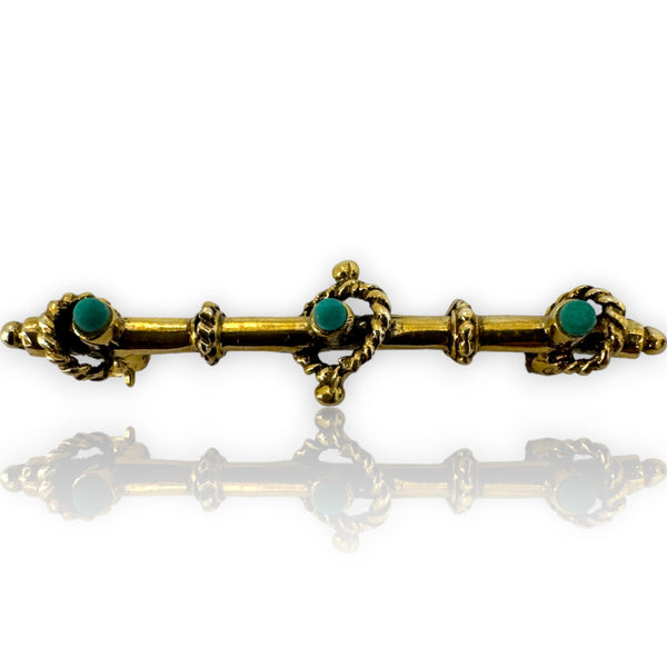 Victorian Era Etruscan Revival Natural Persian Turquoise Bar Pin 14k Gold Handmade