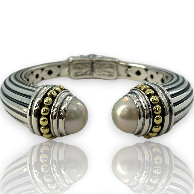 LAGOS Caviar Solid Heavy 925 Sterling Silver and 18k Yellow Gold Discontinued Hinged Cuff with 12mm Mabe Pearls